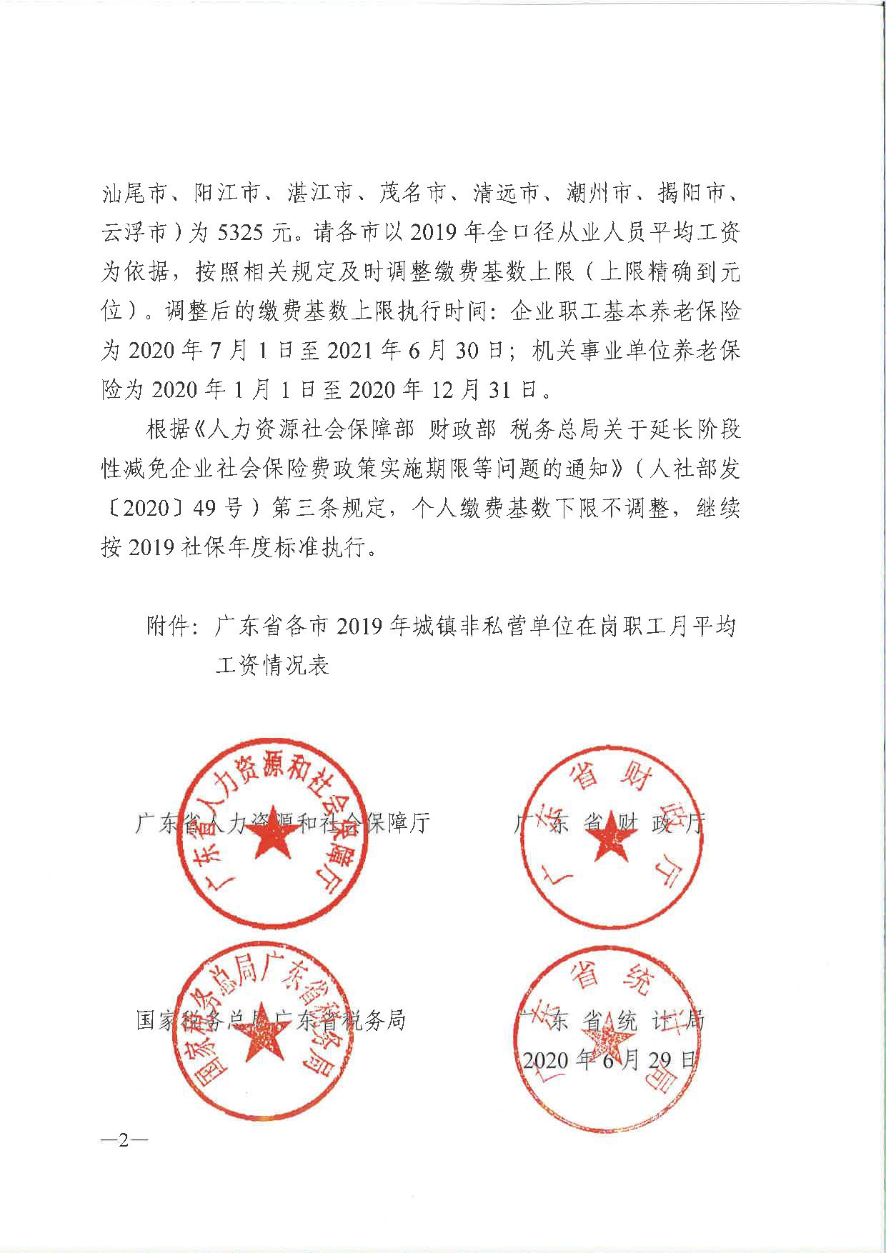 《关于公面2019年全省从业人员月平均工资和职工基本养老保险缴费基数上下限有关问题的通知》（粤人社发〔2020〕118号）_页面_2.jpg