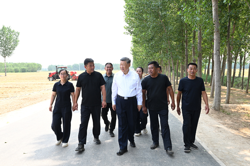6月24日，中共中央总书记、国家主席、中央军委主席习近平在山东省德州市考察。这是习近平在陵城区边临镇东于架村同种粮大户、农机手、农技人员亲切交流。