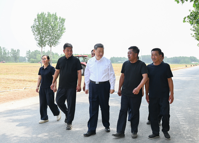 6月24日，中共中央总书记、国家主席、中央军委主席习近平在山东省德州市考察。这是习近平在陵城区边临镇东于架村同种粮大户、农机手、农技人员亲切交流。
