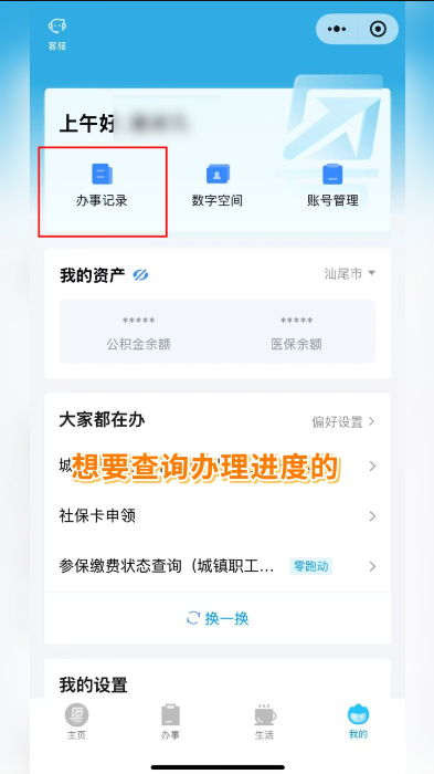 13.在成功提交后想要查询办理进度的点击这里的【办事记录】.png